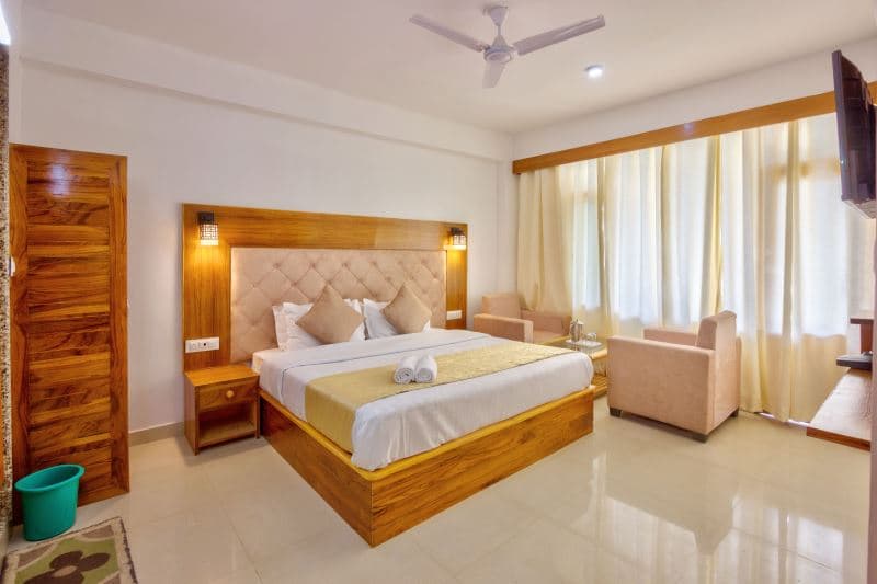 Wood-lined guest room